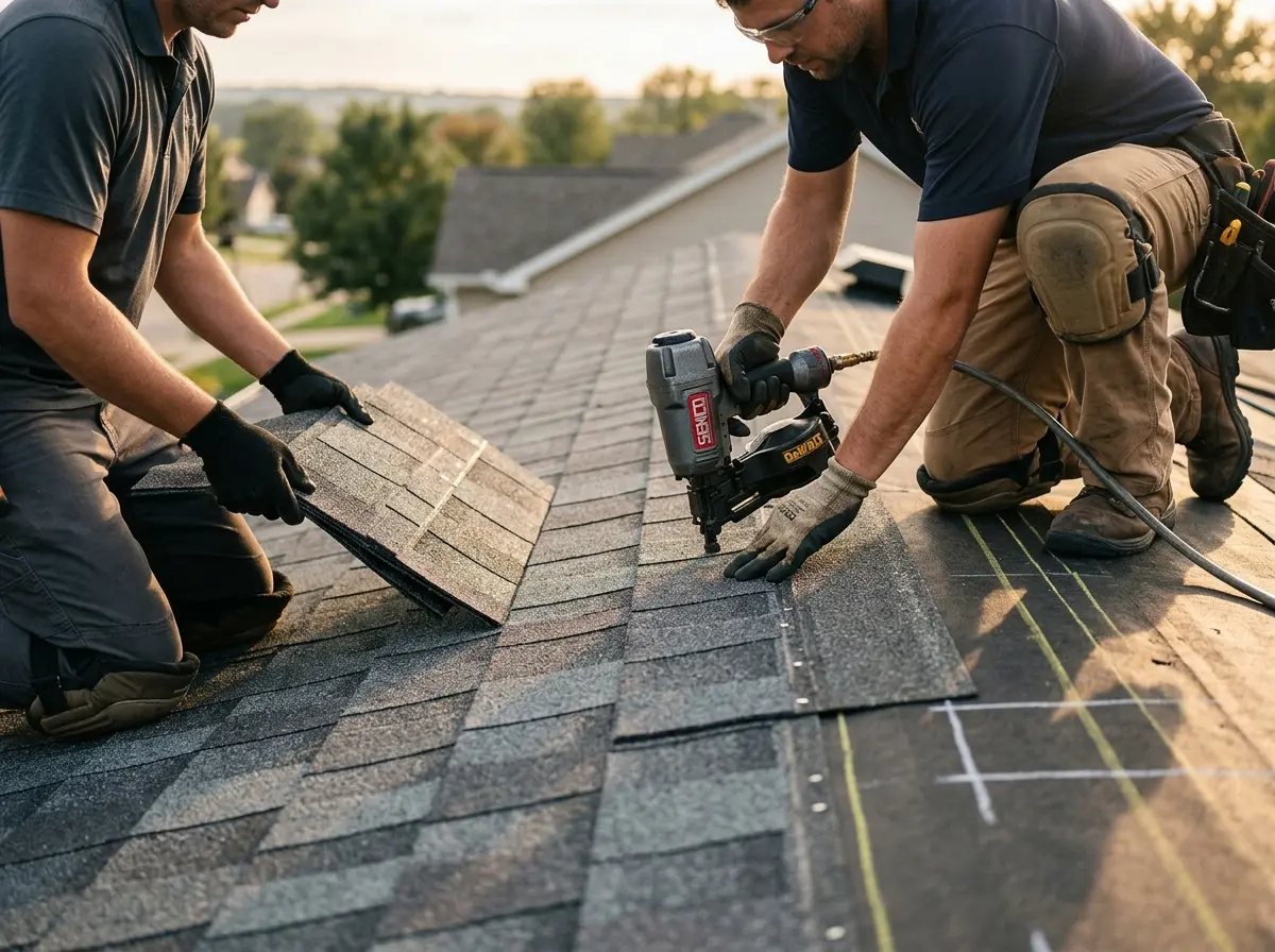 Professional roofer working on a residential roof in Travis Ranch